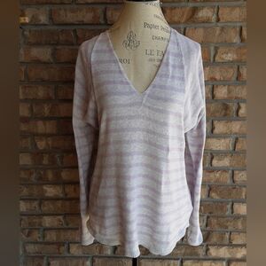 Lilly Pulitzer Lavender and Gray Stripes V-Neck Long Sleeve Knit Sweater.